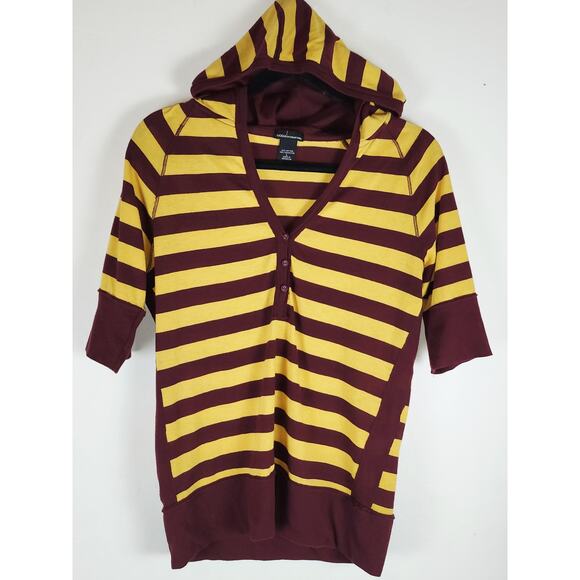 Vintage Moda International Sz L Striped Hooded Henley Tunic Grunge Y2K Retro - Picture 1 of 7